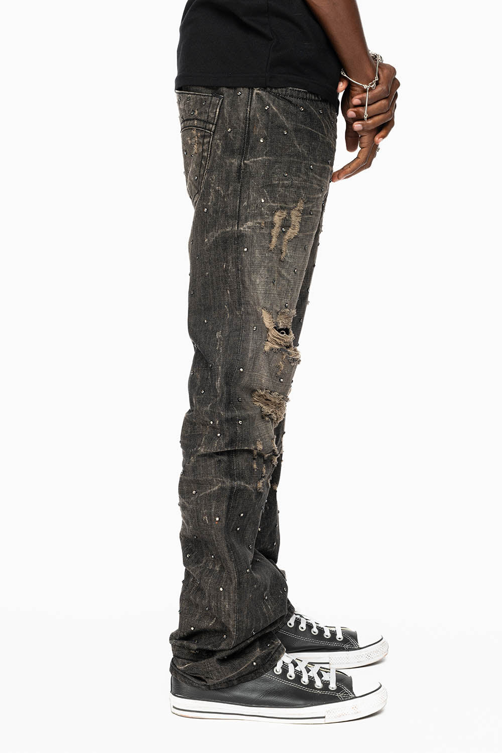 STRAIGHT LEG JEANS IN CHARCOAL MODOC BROKEN WASH EMBELLISHED ALL OVER WITH CRYSTALS - Image 8