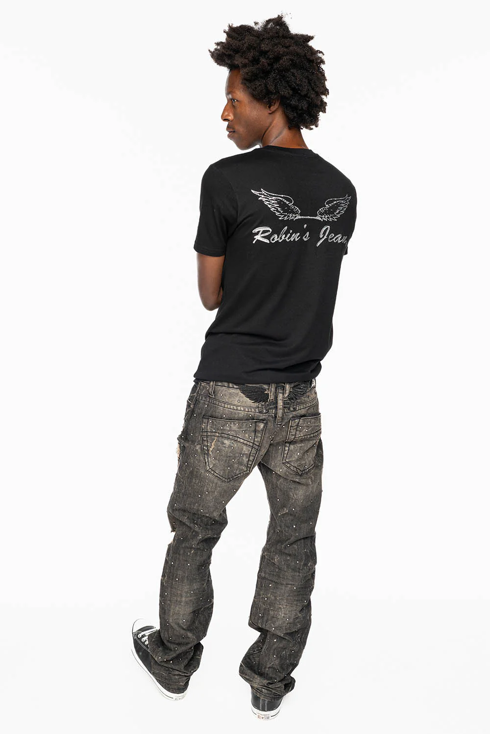 STRAIGHT LEG JEANS IN CHARCOAL MODOC BROKEN WASH EMBELLISHED ALL OVER WITH CRYSTALS - Image 9