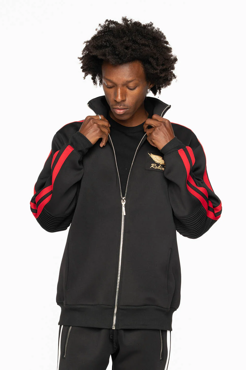 TRACK JACKET IN BLACK WITH RED STRIPE AND GOLD ROBIN’S LOGO EMBROIDERY - Image 3
