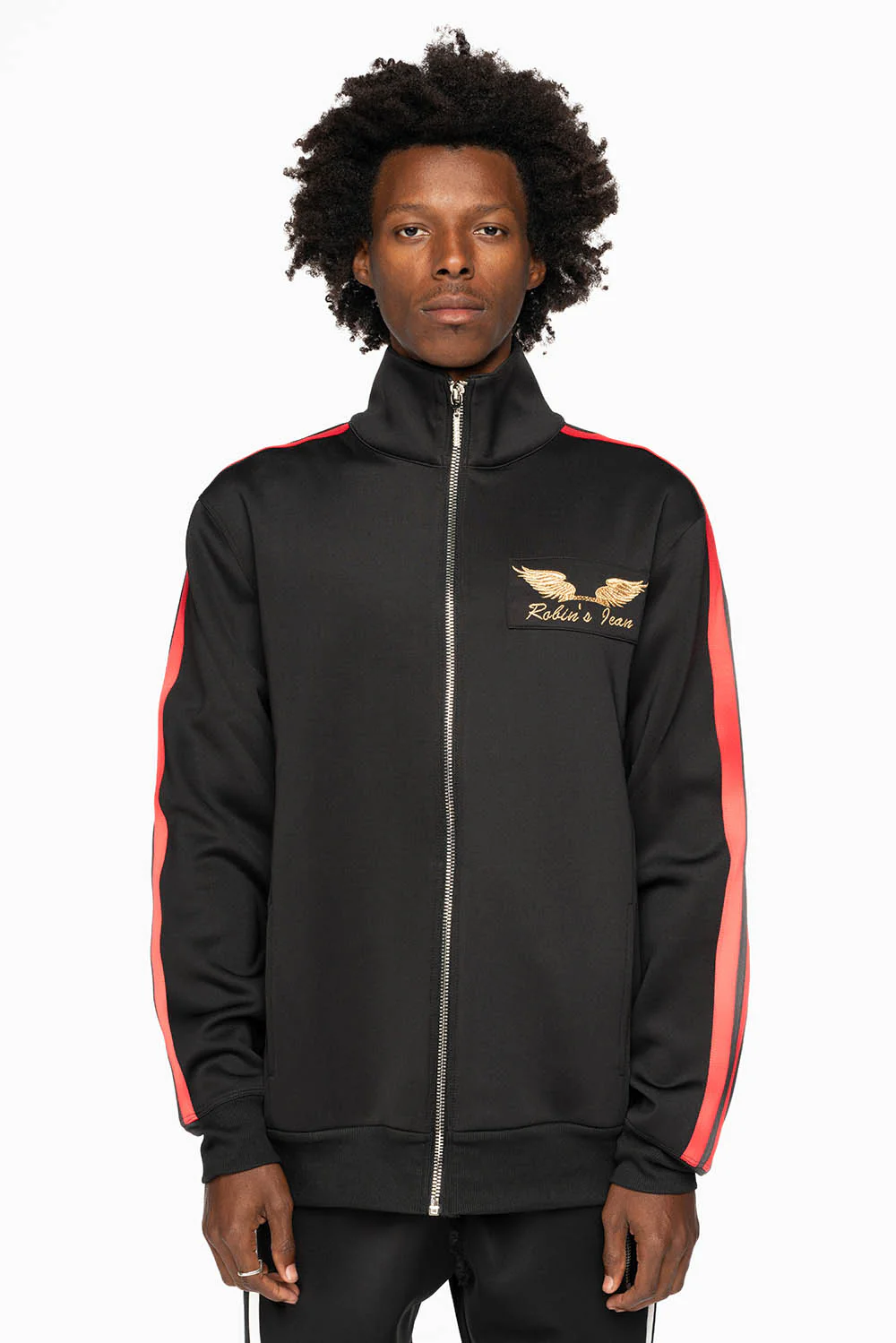 TRACK JACKET IN BLACK WITH RED STRIPE AND GOLD ROBIN’S LOGO EMBROIDERY - Image 8