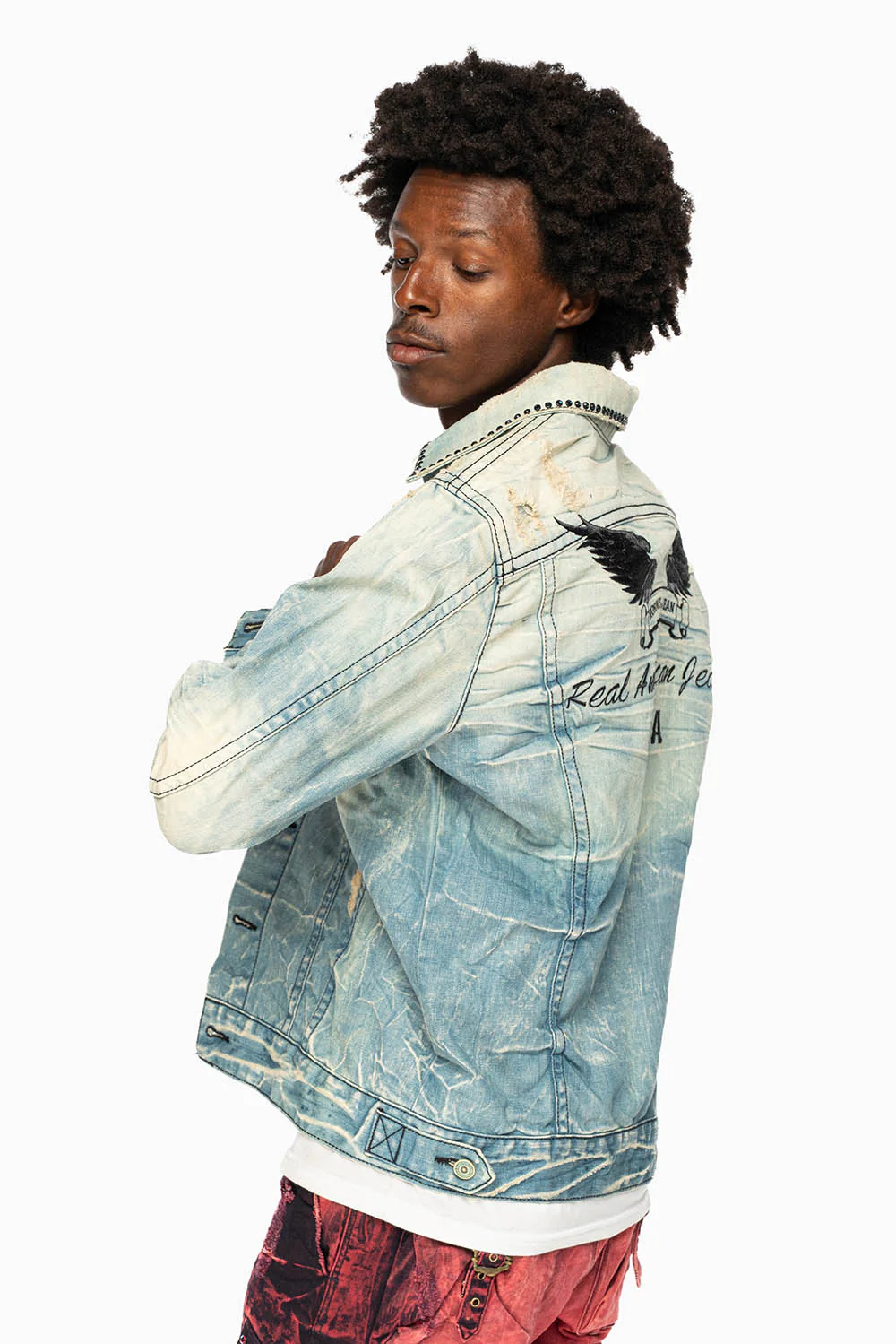 VINTAGE 5D LIGHT BLUE JACKET WITH BLACK EMBROIDERED LOGO WINGS WITH EMBELLISHMENT - Image 2