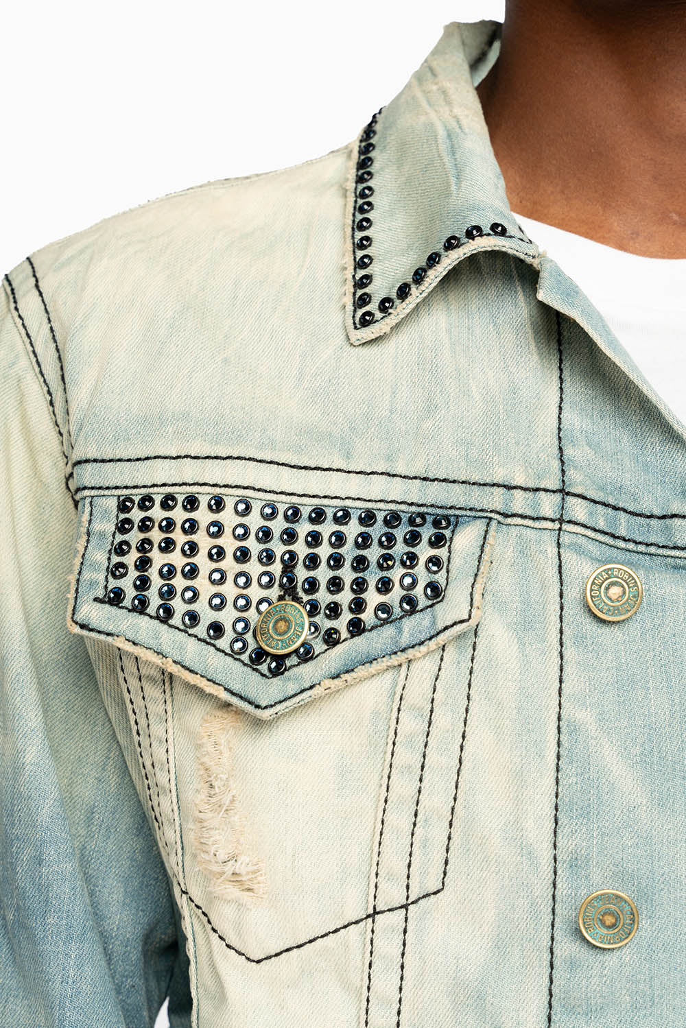 VINTAGE 5D LIGHT BLUE JACKET WITH BLACK EMBROIDERED LOGO WINGS WITH EMBELLISHMENT - Image 3