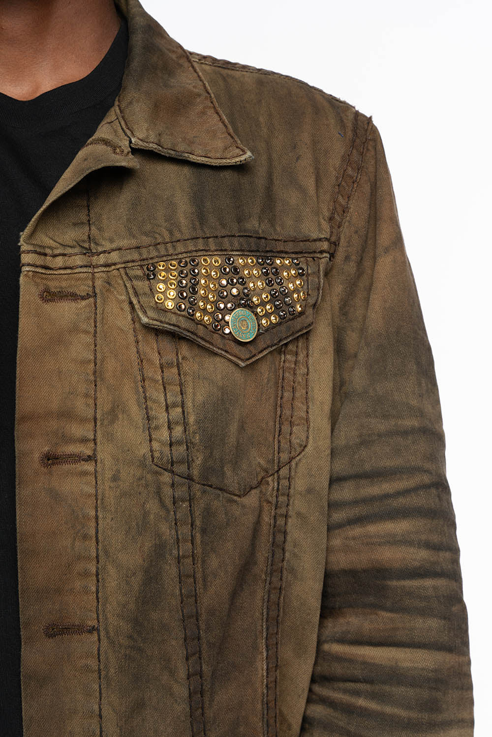VINTAGE FASHION BROWN JEAN JKT WITH BROWN CONTRAST STICH WITH CRYSTALS - Image 3