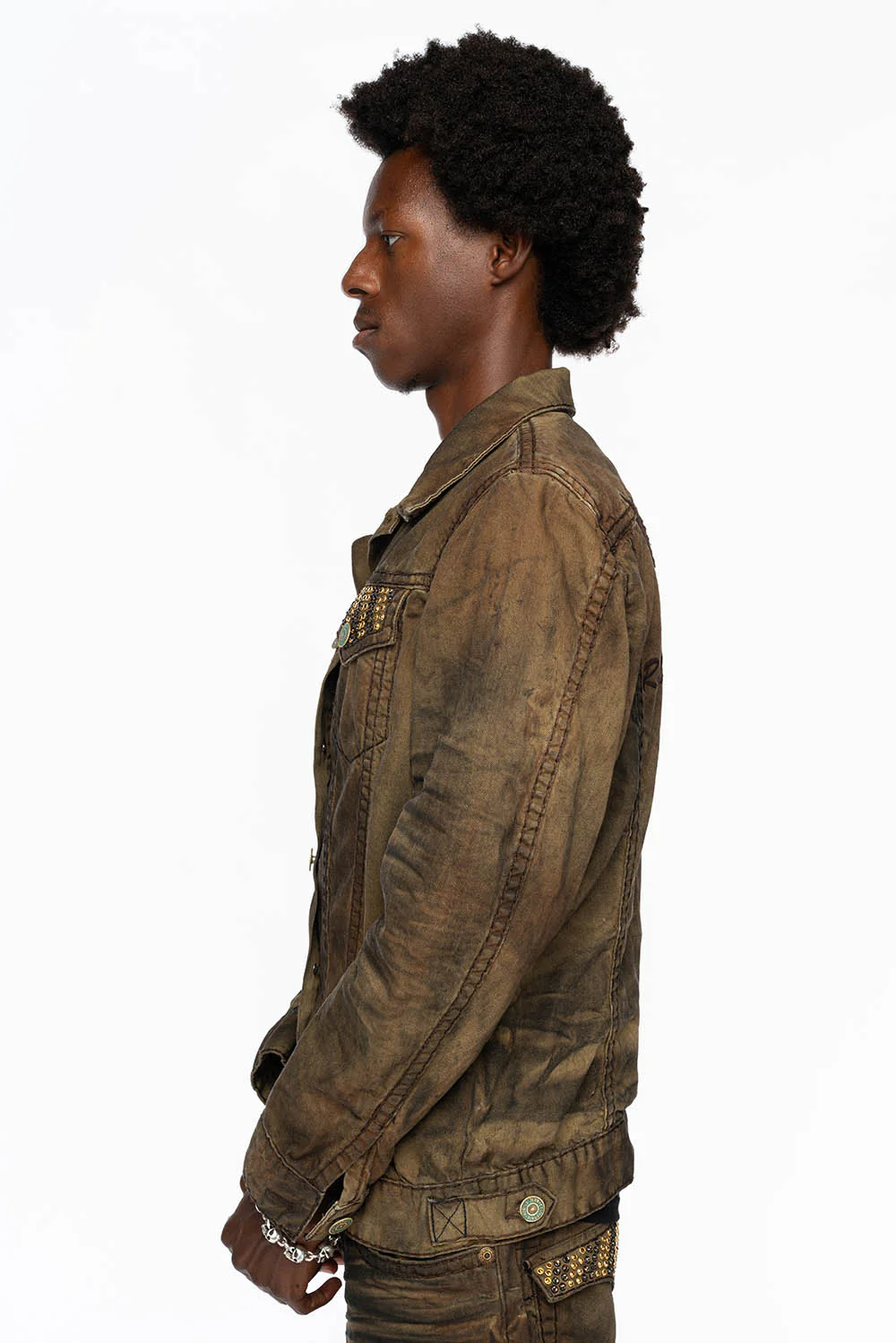 VINTAGE FASHION BROWN JEAN JKT WITH BROWN CONTRAST STICH WITH CRYSTALS - Image 4