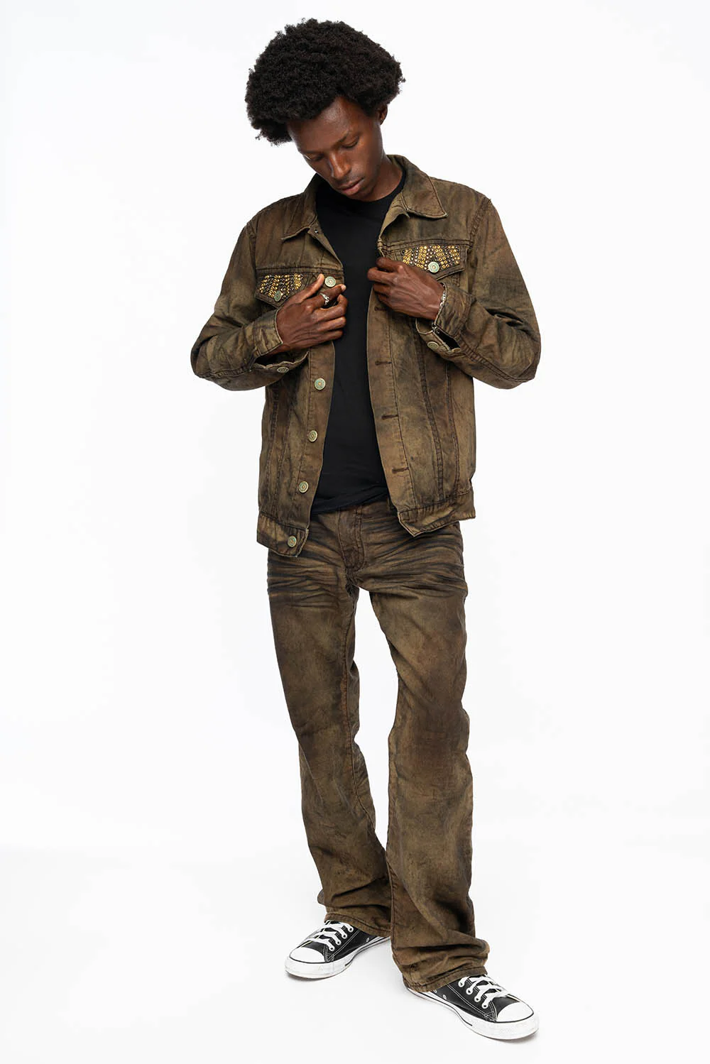 VINTAGE FASHION BROWN JEAN JKT WITH BROWN CONTRAST STICH WITH CRYSTALS - Image 6
