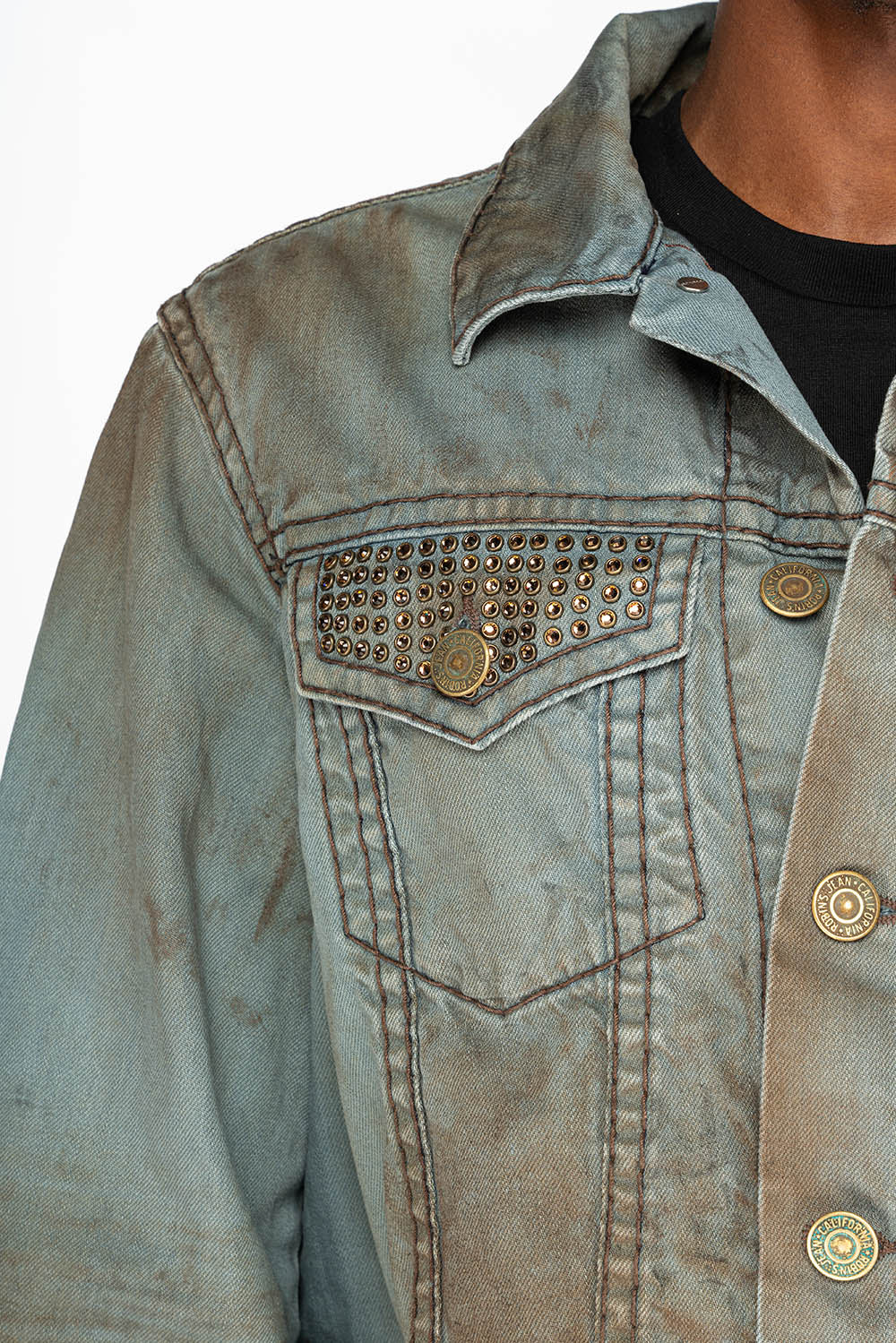 VINTAGE FASHION LIGHT BLUE JEAN JKT WITH BROWN CONTRAST STICH WITH CRYSTALS - Image 3