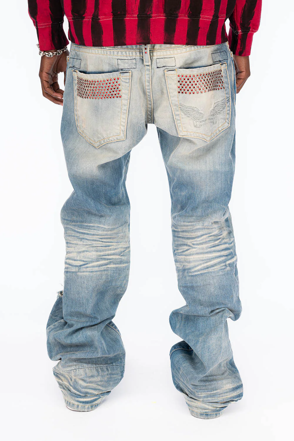 VINTAGE INDIGO DISTRESSED ,RIPPED JEAN  IN OMAHA BROKEN WASH WITH  RED CRYSTALS - Image 3