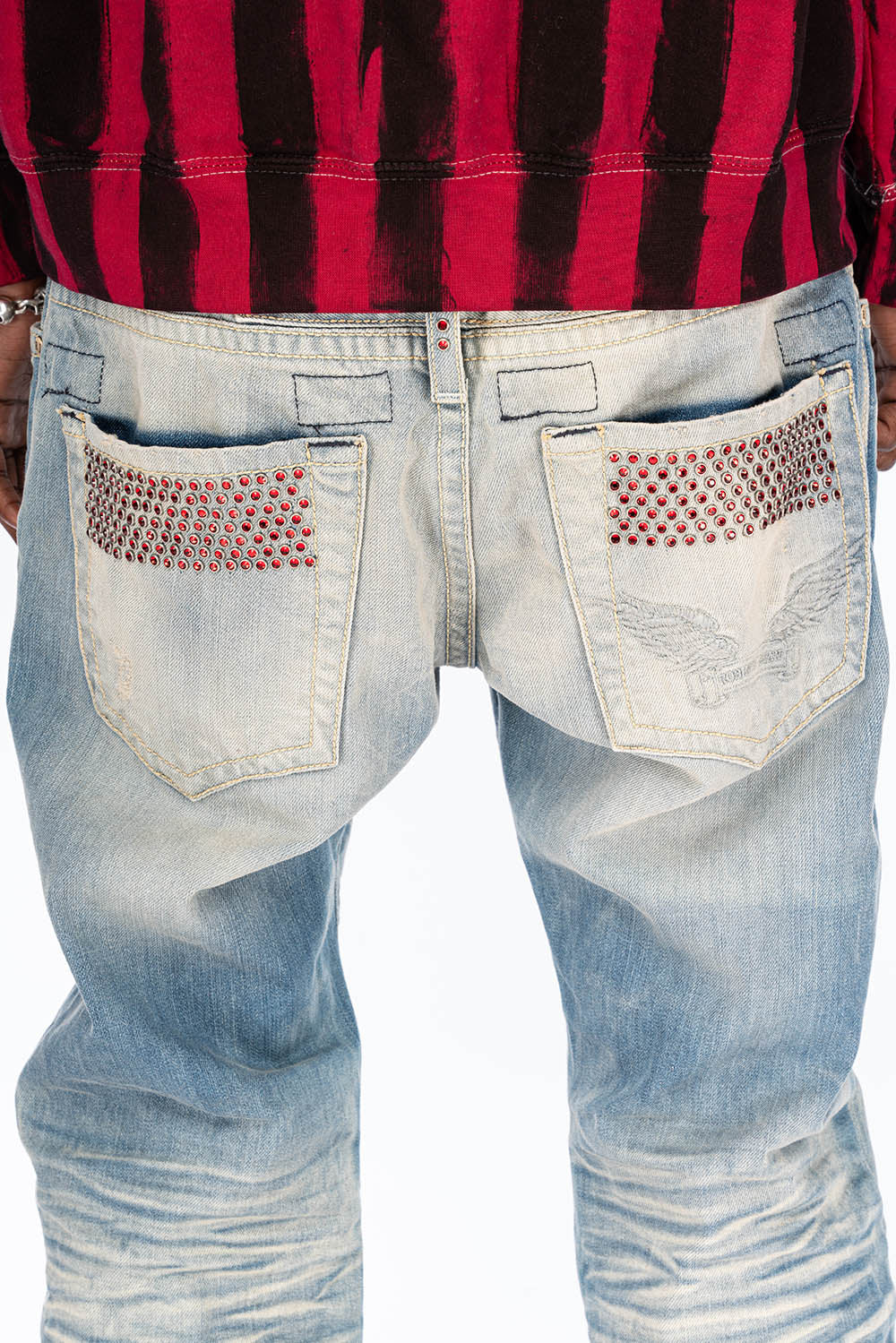 VINTAGE INDIGO DISTRESSED ,RIPPED JEAN  IN OMAHA BROKEN WASH WITH  RED CRYSTALS - Image 5