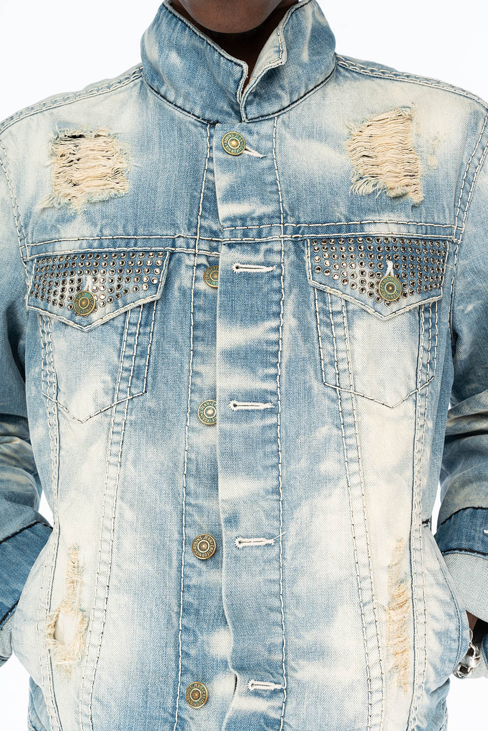 VINTAGE INDIGO DISTRESSED ,RIPPED JEAN JKT WITH WHITE CONTRAST STICH IN OMAHA BROKEN WASH WITH CRYSTALS - Image 5