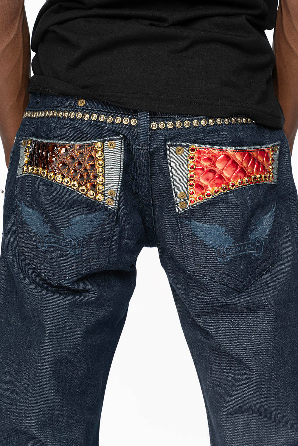 BOOT CUT JEAN WITH PATENT LEATHER POCKET  EMBELLISHED WITH CRYSTALS AND STUDS IN RINSE WASH - Image 5