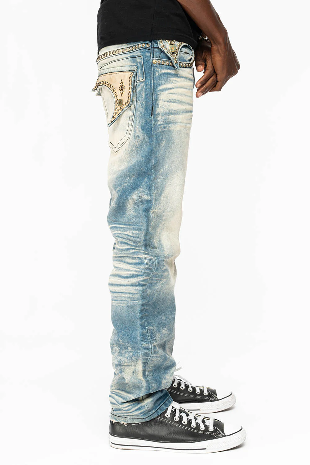 WESTERN  STRAIGHT LEG JEAN IN OMAHA TAN  WITH SUEDE POCKET EMBELLISHED WITH CRYSTALS/ STUDS - Image 4