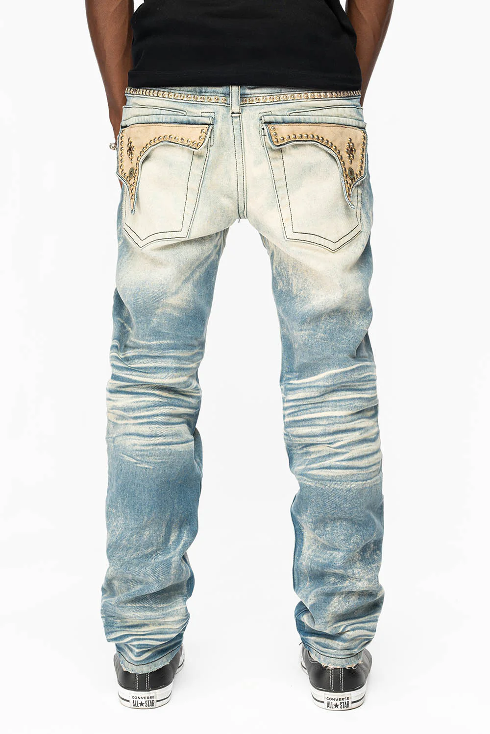 WESTERN  STRAIGHT LEG JEAN IN OMAHA TAN  WITH SUEDE POCKET EMBELLISHED WITH CRYSTALS/ STUDS - Image 5