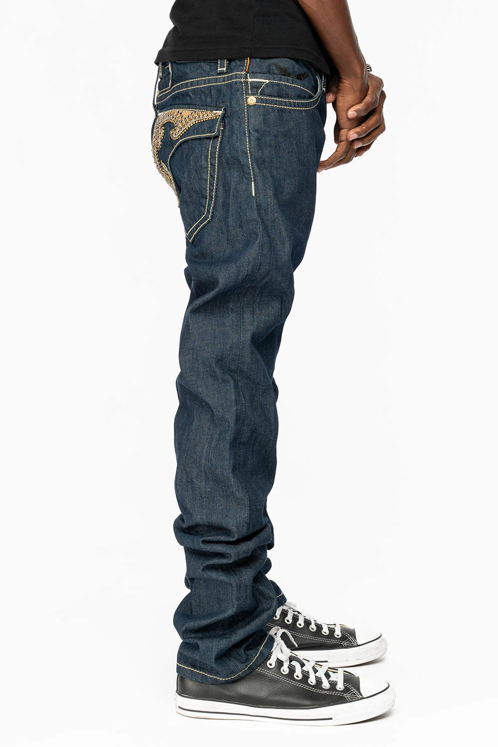 WESTERN RODEO DESIGN LEATHER  FLAPS JEAN WITH EMBELLISHMENTS IN RINSE WASH - Image 3