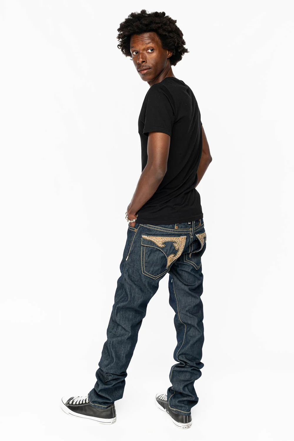 WESTERN RODEO DESIGN LEATHER  FLAPS JEAN WITH EMBELLISHMENTS IN RINSE WASH - Image 6