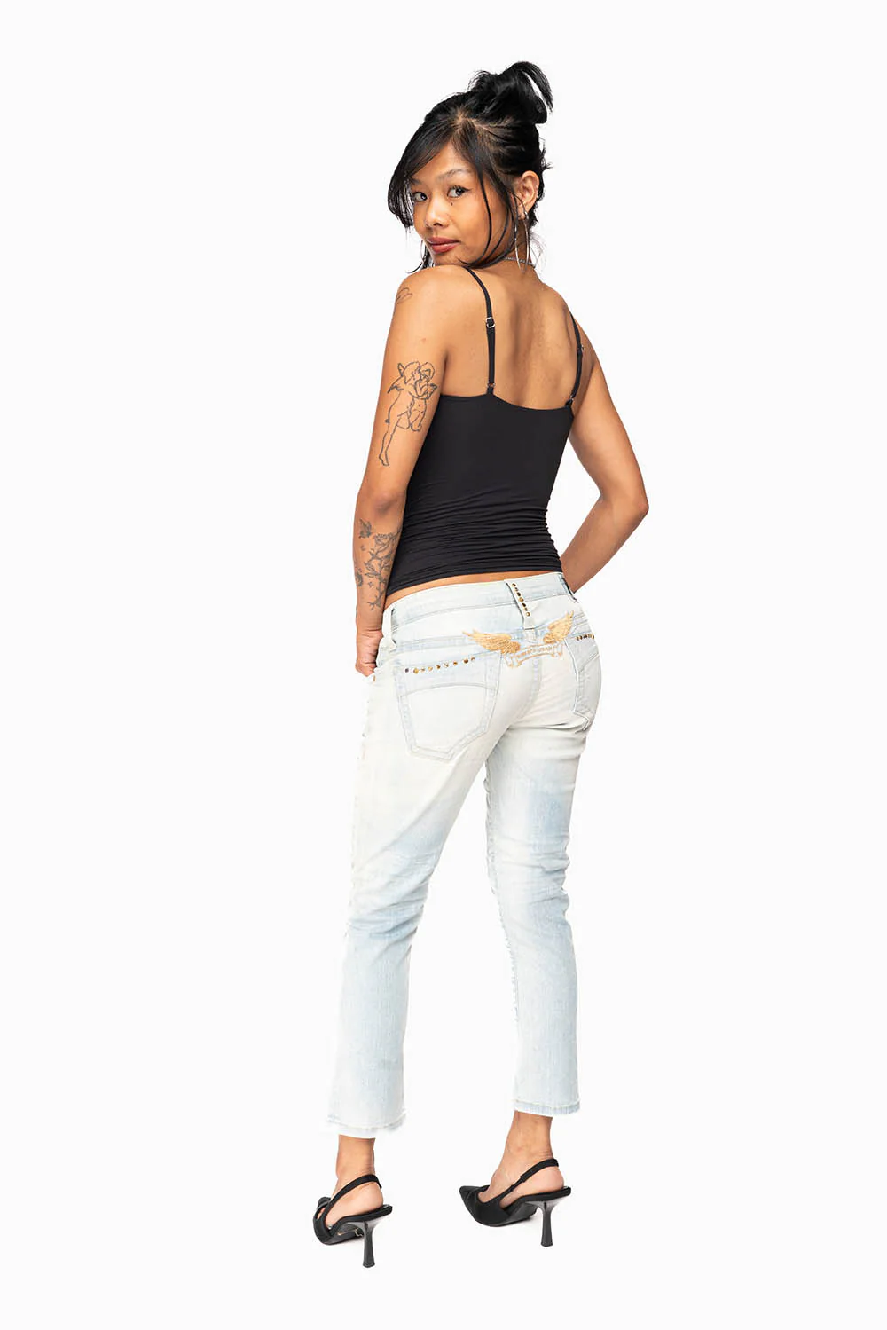 WOMENS RIPPED SKINNY CAPRI PANTS IN NICOLE LIGHT BROKEN REPAIRED WASH WITH STUDS AND CRYSTALS - Image 10