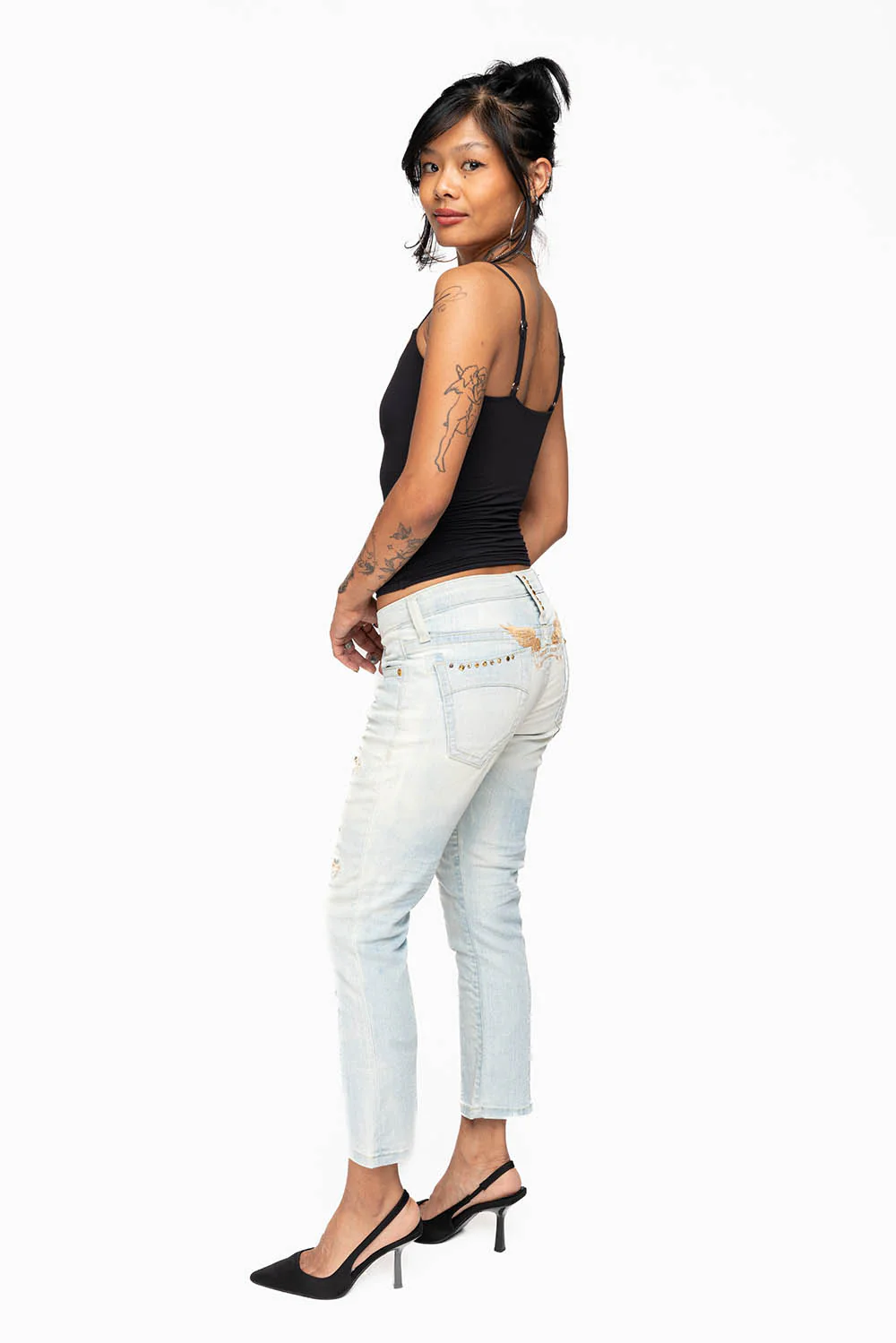 WOMENS RIPPED SKINNY CAPRI PANTS IN NICOLE LIGHT BROKEN REPAIRED WASH WITH STUDS AND CRYSTALS - Image 11