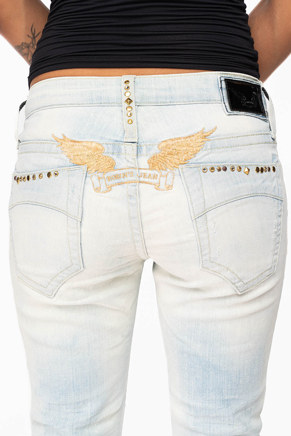 WOMENS RIPPED SKINNY CAPRI PANTS IN NICOLE LIGHT BROKEN REPAIRED WASH WITH STUDS AND CRYSTALS - Image 5