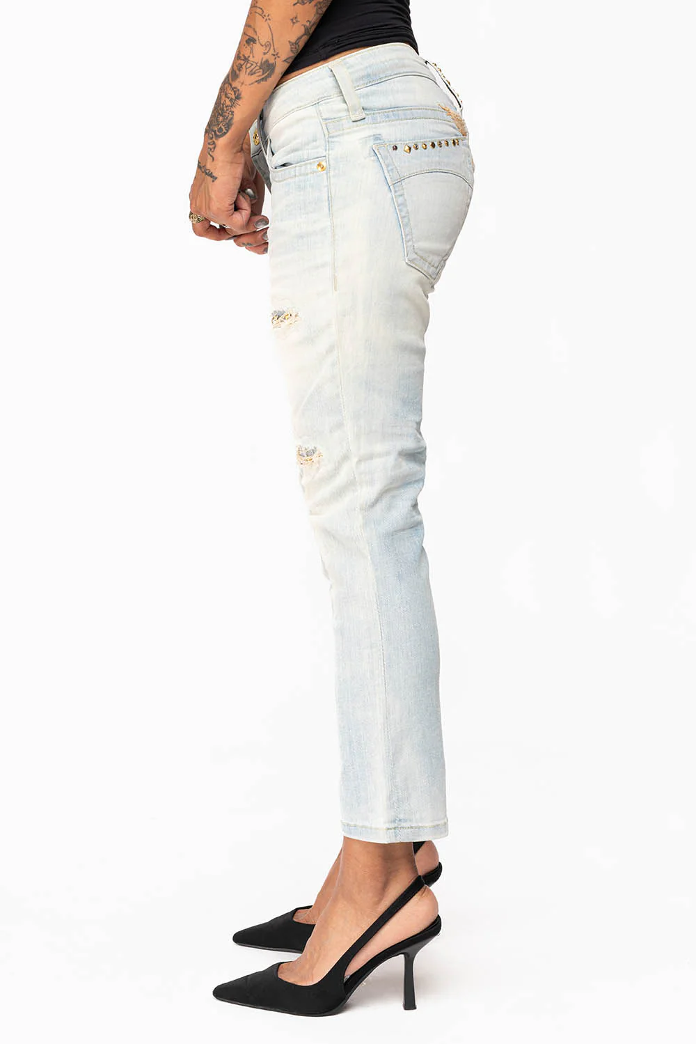 WOMENS RIPPED SKINNY CAPRI PANTS IN NICOLE LIGHT BROKEN REPAIRED WASH WITH STUDS AND CRYSTALS - Image 6
