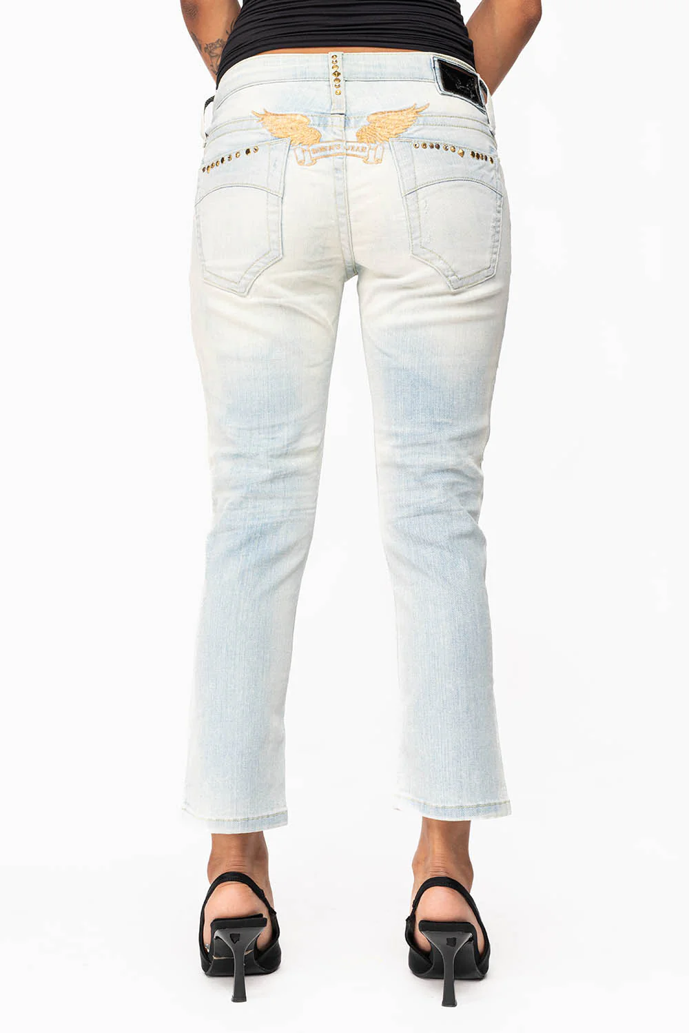 WOMENS RIPPED SKINNY CAPRI PANTS IN NICOLE LIGHT BROKEN REPAIRED WASH WITH STUDS AND CRYSTALS - Image 7