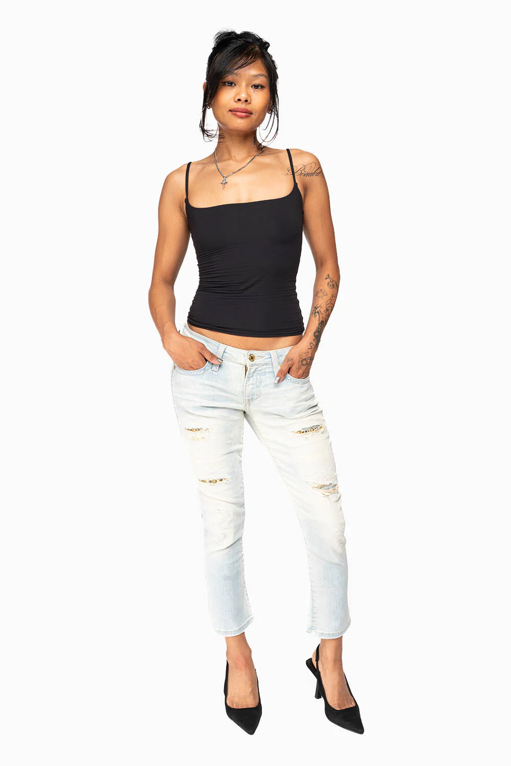 WOMENS RIPPED SKINNY CAPRI PANTS IN NICOLE LIGHT BROKEN REPAIRED WASH WITH STUDS AND CRYSTALS - Image 8