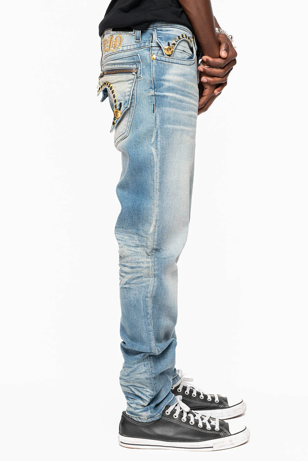 ZIPPER KILLER FLAP MENS JEANS IN ELROY MEDIUM WASH WITH X- LARGE CRYSTALS - Image 5