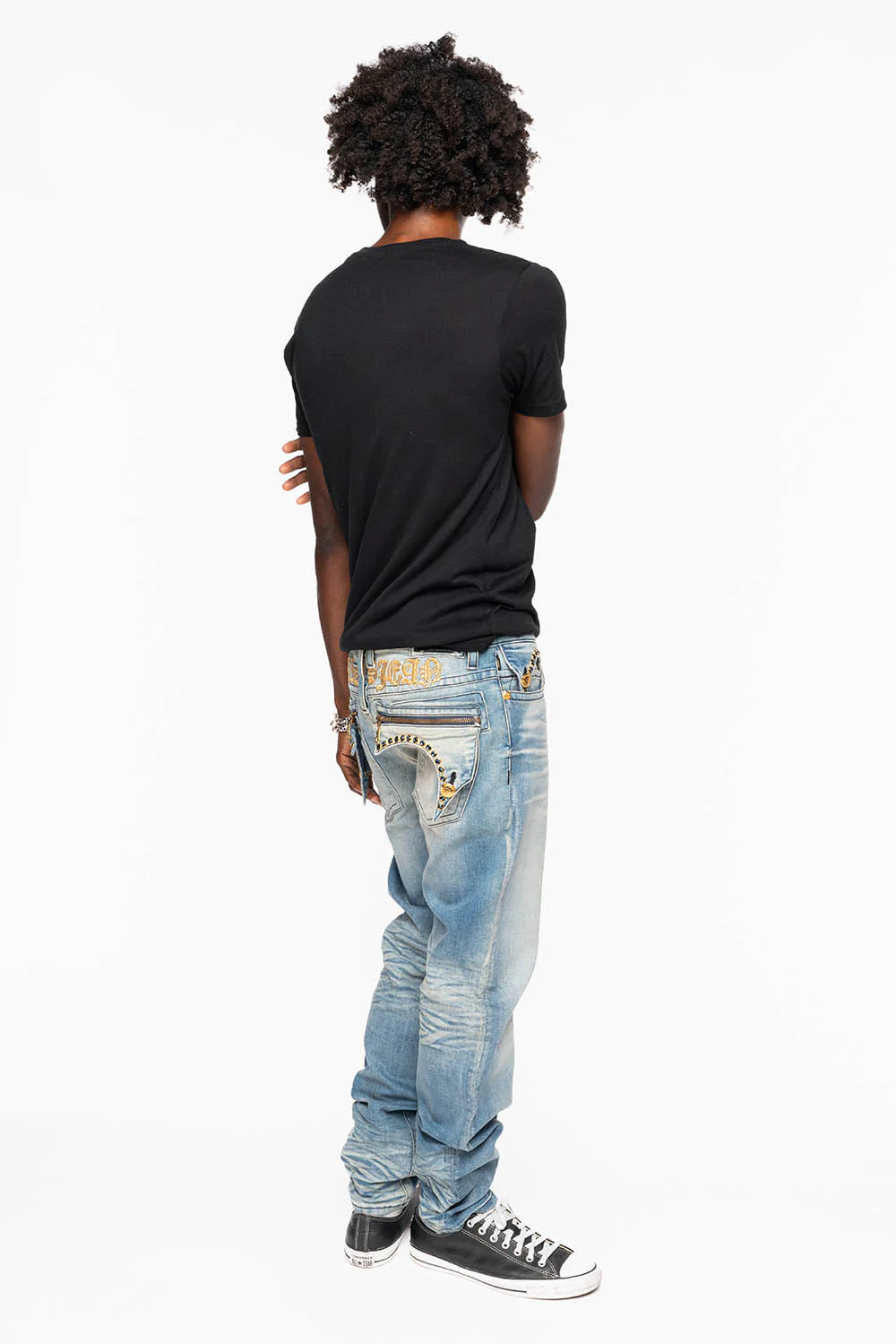 ZIPPER KILLER FLAP MENS JEANS IN ELROY MEDIUM WASH WITH X- LARGE CRYSTALS - Image 8
